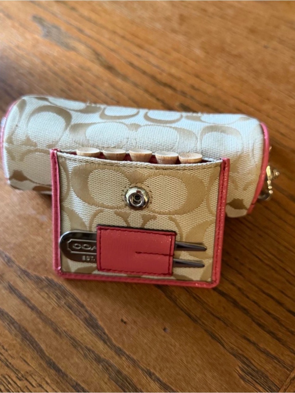 Coach Golf Canvas 5-Tee Holder and 3 Ball Set with Pink Trim